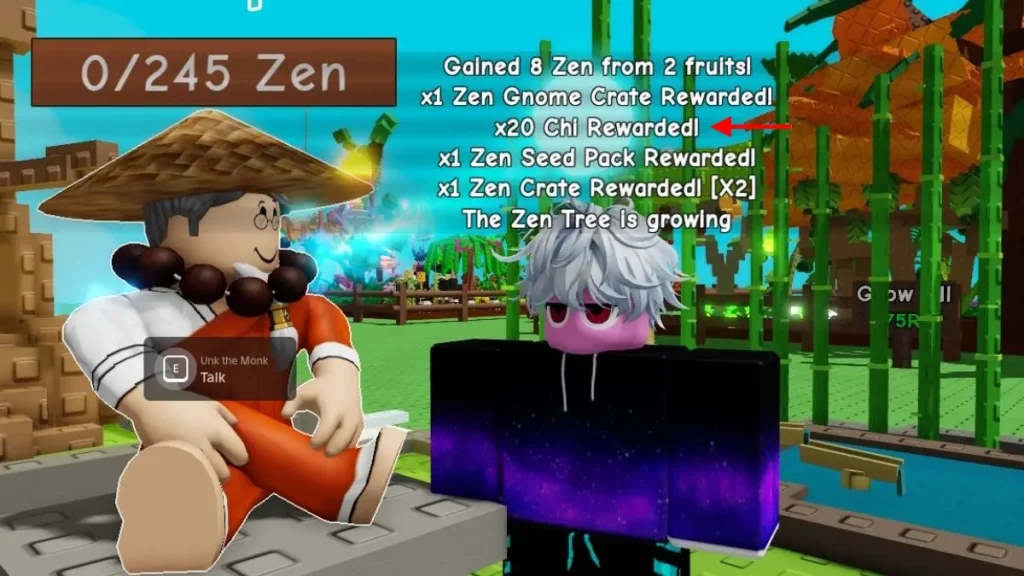 Submit to Unk the Monk for Bonus Chi in Grow a Garden